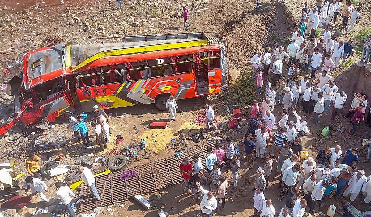 Thirty people were injured when a bus plunged off a bridge in Parbhani, Maharashtra.